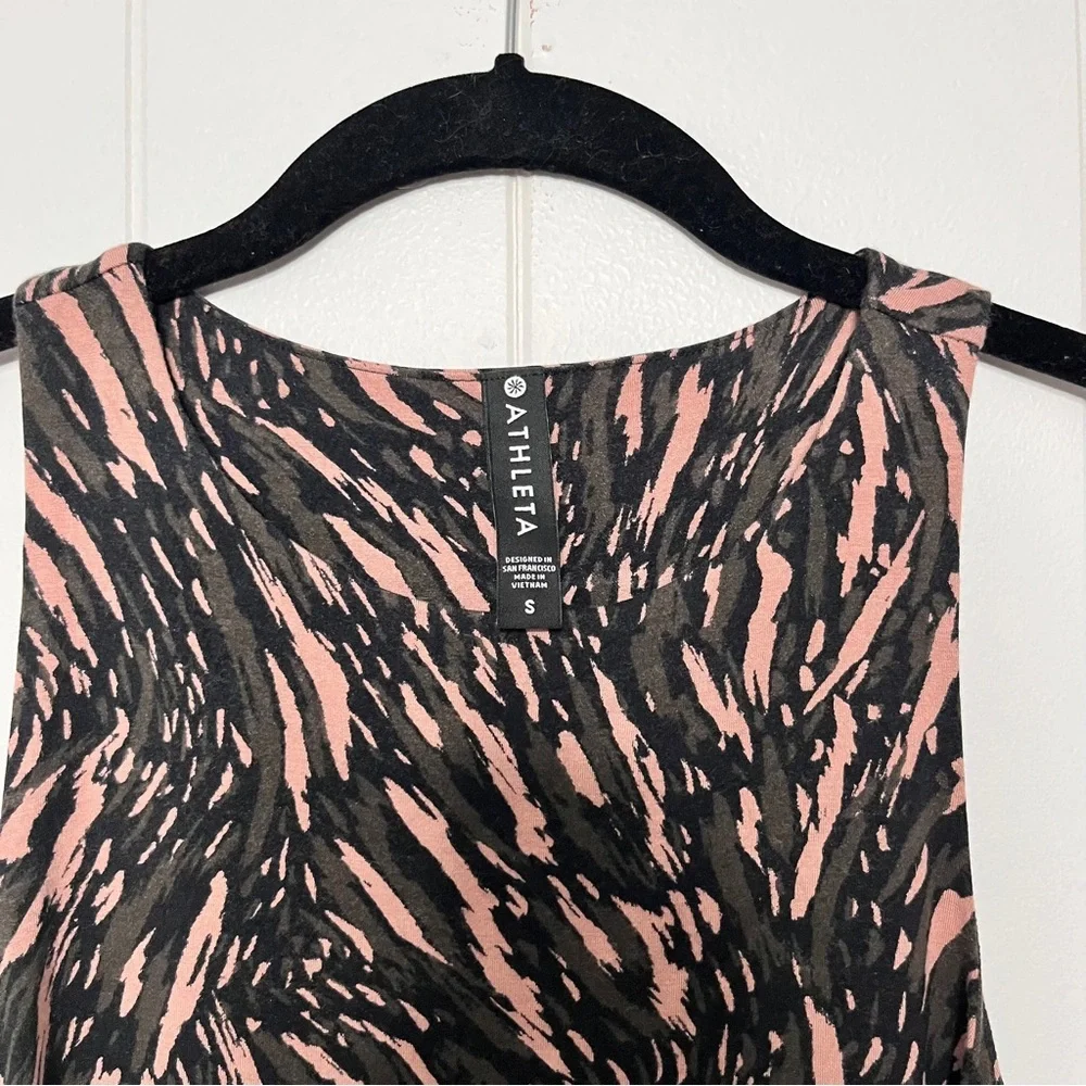 Athleta Santorini Printed Black Green Tan Sleeveless Dress Jersey Knit Soft S